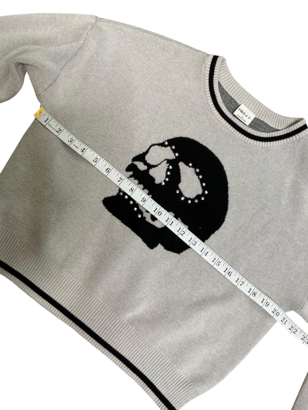 Nikka K Women's Light Gray Skull Skeleton Crewneck Sweater - Picture 6 of 8